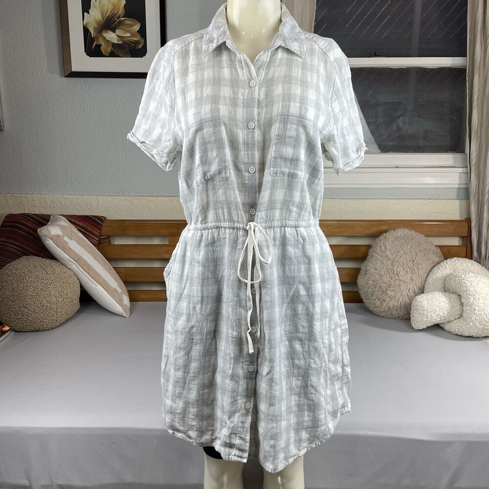 Beach Lunch Lounge Plaid Short Shirt Dress Women’s Med Grey White Cotton Tomboy